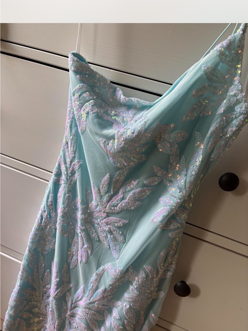 Windsor One-Shoulder Sequin Appliqué Gown in Light Blue